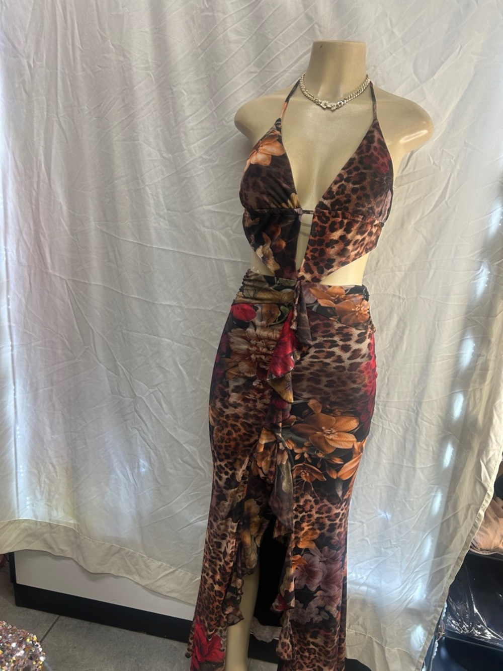 Tropical Leopard Print Cutout Halter Dress in Brown
